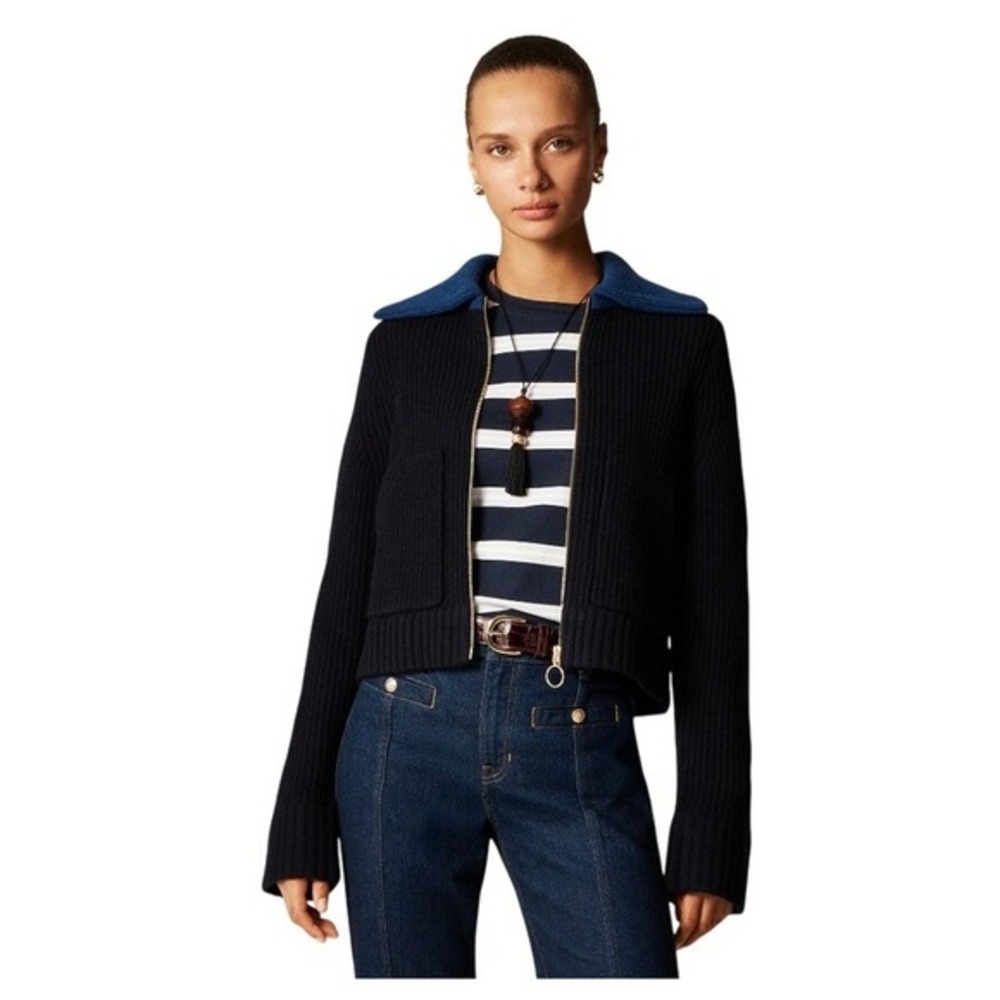J. Crew Colorblock Collared Full Zip Cardigan‎ Sweater Navy Blue Merino Wool M